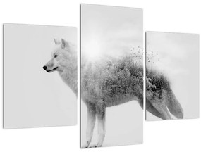 Tablou - Lupul arctic oglindit în peisajul sălbatic, alb-negru (90x60 cm)