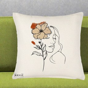Perna Decorativa Portret Feminin Floare Bej Terracotta, 40x40 cm, Crem Reliefat, Husa Detasabila, Perna Inclusa, BEKZ®