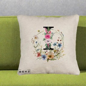 Cadou Personalizat - Perna Personalizata Monogram Litera I cu Flori Acuarela, 40x40 cm, Bej Canapea, Husa Detasabila, Perna Inclusa, BEKZ®
