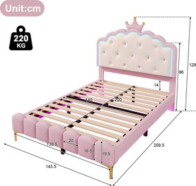 Pat tapițat 140x200 cm cu somieră cu lamele, formă de prințesă moștenitoare, fără saltea, Roz