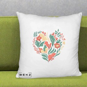 Perna Decorativa Inima Florala Botanica, 40x40 cm, Alb Pufos, Husa Detasabila, Perna Inclusa, BEKZ®