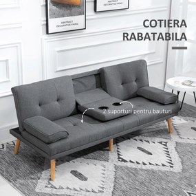 HOMCOM Canapea Extensibilă cu 3 Locuri, 2 Cotiere Detașabile, Covoraș Antiderapant și Imitație In și Lemn, 181x77x72 cm, Gri Închis | Aosom Romania