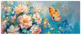 Tablou - Fluture și flori, pictură în ulei II. (120x50 cm)