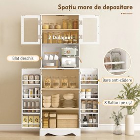 HOMCOM Mobilă de Depozitare pentru Bucătărie cu 2 Dulapuri și 8 Rafturi, din Lemn și Acrilic, 60x39.5x179.6 cm, Alb | Aosom Romania
