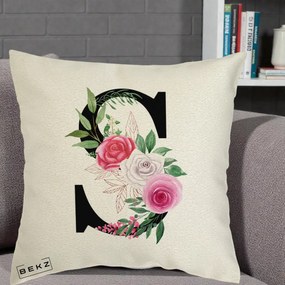 Cadou Personalizat - Perna Personalizata Monograma Florala Litera S, 40x40 cm, Ecru, Husa Detasabila, Perna Inclusa, BEKZ®