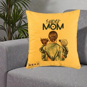 Cadou pentru Mama - Perna Personalizata Super Mom, 40x40 cm, Galben, Husa Detasabila, Perna Inclusa, BEKZ®