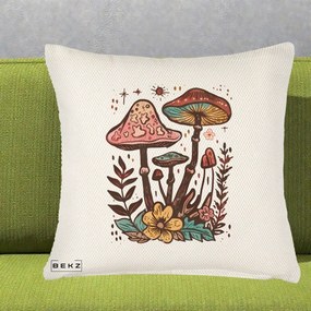 Perna Decorativa Ciuperci Boho Multicolore, 40x40 cm, Crem Reliefat, Husa Detasabila, Perna Inclusa, BEKZ®