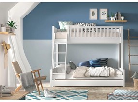 Pat pentru copii alb supraetajat din lemn masiv de pin cu spațiu de depozitare 140x200/90x200 cm SCOTT – Vipack