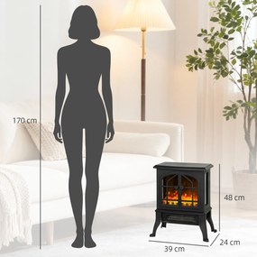 HOMCOM Șemineu Electric de Podea, Flacără 3D, Termostat 10-35°C, Plastic, Sticlă, 39x24x48 cm, Negru | Aosom Romania