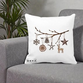 Perna Decorativa Ornamente de Lemn pe Ramura, 40x40 cm, Alba Mata, Husa Detasabila, Perna Inclusa, BEKZ®