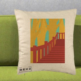 Perna Decorativa Scari Toamna Peisaj Grafic, 40x40 cm, Bej, Husa Detasabila, Perna Inclusa, BEKZ®