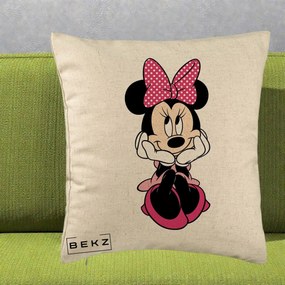Perna Personalizata Minnie Mouse cu Fundita, 40x40 cm, Bej, Husa Detasabila, Perna Inclusa, BEKZ®