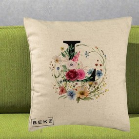 Cadou Personalizat - Perna Personalizata Monogram Litera L cu Flori Acuarela, 40x40 cm, Bej, Husa Detasabila, Perna Inclusa, BEKZ®