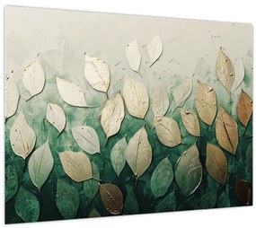 Tablou pe sticlă - Frunze verzi-aurii (70x50 cm)
