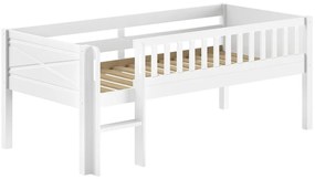 Pat semi-supraetajat pentru copii SCOTT, alb, 90 x 200 cm, din pin scandinav masiv, cu scară, opțional cu sertare pentru depozitare – Vipack