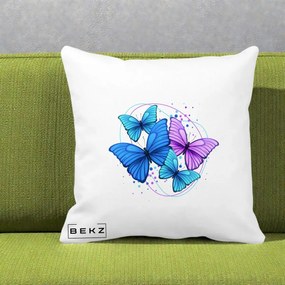 Perna Decorativa Patru Fluturi Turcoaz-Violet, 40x40 cm, Alba Mata, Husa Detasabila, Perna Inclusa, BEKZ®