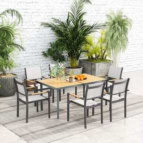 Outsunny Masă de luat masa pentru grădină pentru 6 persoane, masă de grădină cu blat din oțel cu aspect de lemn, 150 x 90 x 72 cm, lemn natural | Aosom Romania