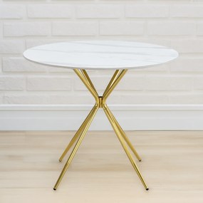Masă de bucătărie, marmură albă/gold crom aurie, diametru 90 cm, MEKNER