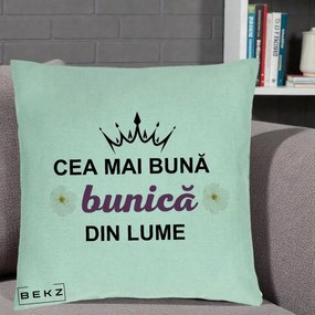 Cadou pentru Bunica - Perna Personalizata Cea Mai Buna Bunica Din Lume Coroana Mov Flori, 40x40 cm, Verde Menta, Husa Detasabila, Perna Inclusa, BEKZ®