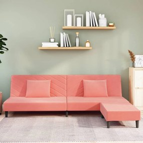 Canapea pat cu 2 locuri, 2 pernetaburet, roz, catifea Roz, Cu scaunel pentru picioare