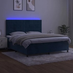 Pat cu arcuri, saltea si LED, bleumarin, 160x200 cm, catifea Albastru inchis, 160 x 200 cm, Cu blocuri patrate