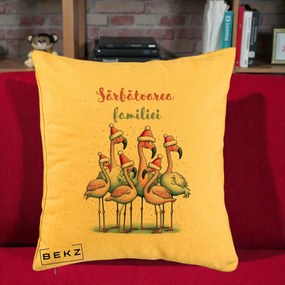 Perna Decorativa Flamingo Craciun Sarbatoarea Familiei, 40x40 cm, Galben, Husa Detasabila, Perna Inclusa, BEKZ®
