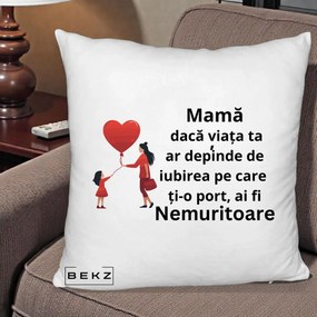 Cadou pentru Mama - Perna Personalizata Mama Nemuritoare cu Bebelus Kawaii, 40x40 cm, Alb Pufos, Husa Detasabila, Perna Inclusa, BEKZ®