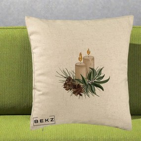 Perna Decorativa Lumanari cu Ilex si Conuri Ilustratie, 40x40 cm, Bej, Husa Detasabila, Perna Inclusa, BEKZ®