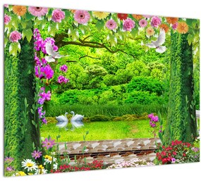 Tablou pe sticlă - Grădina magică cu lebede (70x50 cm)