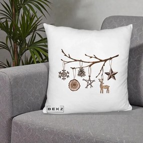 Perna Decorativa Ornamente de Lemn pe Ramura, 40x40 cm, Alb Pufos, Husa Detasabila, Perna Inclusa, BEKZ®