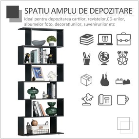 HOMCOM Bibliotecă Modernă cu 6 Rafturi, Design Zig-Zag, Lemn Rezistent, Ușor de Curățat, Negru, 80x24x191 cm | Aosom Romania