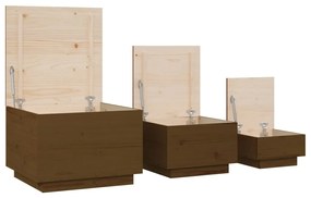 Cutii de depozitare cu capace 3 buc. maro miere lemn masiv pin maro miere