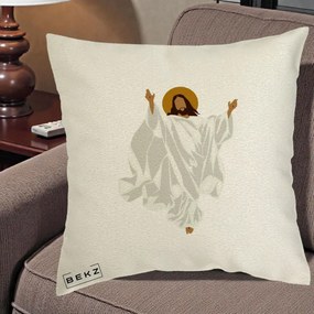 Perna Decorativa Iisus Hristos Invierea Silueta Minimalista, 40x40 cm, Ecru, Husa Detasabila, Perna Inclusa, BEKZ®
