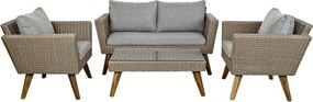 Set lounge exterior din rattan sintetic și structură din lemn și oțel cu canapea, 2 fotolii, masă și perne, finisaj bej-gri, „Zahara