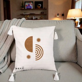 Perna Decorativa Boho Sun si Spirala, 40x40 cm, Bej cu Franjuri, Husa Detasabila, Perna Inclusa, BEKZ®