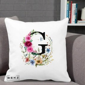 Cadou Personalizat - Perna Personalizata Monogram Litera G cu Flori Acuarela, 40x40 cm, Alba Mata, Husa Detasabila, Perna Inclusa, BEKZ®