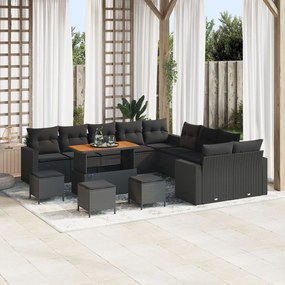vidaXL Set de canapea de grădină cu 13 piese, cu perne, din rattan negru din poliester și lemn de acacia