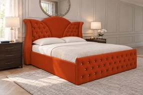 Pat tapițat Chesterfield din catifea Velora Cristal 140×200 cm, cărămiziu, cu ladă de depozitare