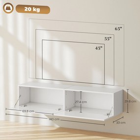 HOMCOM Dulap TV Suspendat pentru Televizoare de 45"-55"-65" cu 2 Dulapuri, Alb | Aosom Romania