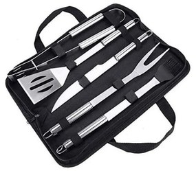 Set 5 ustensile gratar din inox HouseXL BBQ, Cu geanta transport inclusa, Cleste, Spatula, Furculita, Cutit si Perie gratar