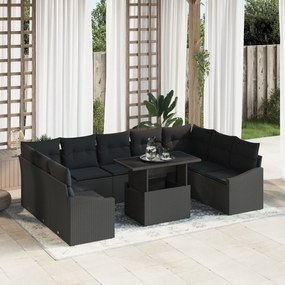 vidaXL Set de canapele de grădină 10 piese cu perne, negru, din ratan din poliester