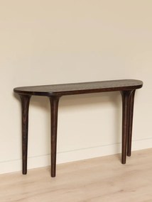 Consolă din lemn de stejar, cu blat semioval și picioare conice, maro antichizat, finisaj satinat, 132×27×75 cm, „Calvin"