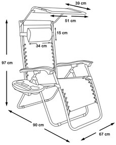 Scaun gravitatie zero cu parasolar si suport pentru pahar, 2 buc-negru