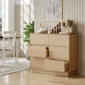 HOMCOM Sideboard 100 cm, bufet cu 6 sertare, comodă pentru bucătărie, living, dining, lemn natural | Aosom Romania