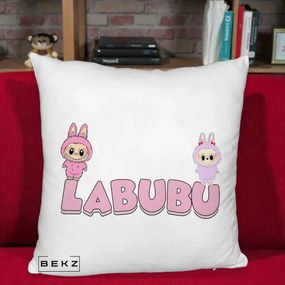 Perna Personalizata Labubu Duo Roz-Lila cu Text, 40x40 cm, Alb Pufos, Husa Detasabila, Perna Inclusa, BEKZ®