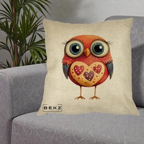 Perna Decorativa Bufnita Rosie cu Inimi Aurii, 40x40 cm, Crem, Husa Detasabila, Perna Inclusa, BEKZ®
