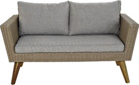 Set lounge exterior din rattan sintetic și structură din lemn și oțel cu canapea, 2 fotolii, masă și perne, finisaj bej-gri, „Zahara