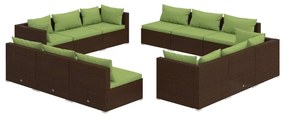 Set mobilier de gradina cu perne, 12 piese, maro, poliratan maro si verde, 4x colt + 8x mijloc, 1