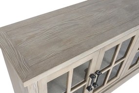 Bufet din lemn masiv de hevea, natur, cu 4 uși vitrate și mânere din metal patinat, finisaj natural, 82 x 180 x 40 cm, „Clarmont”