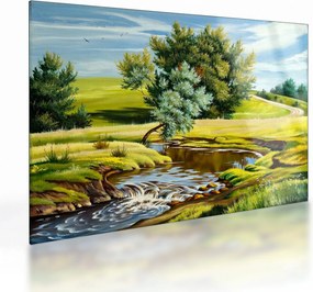 Tablou pe sticlă - Râu între câmpii, pictură în ulei (70x50 cm)